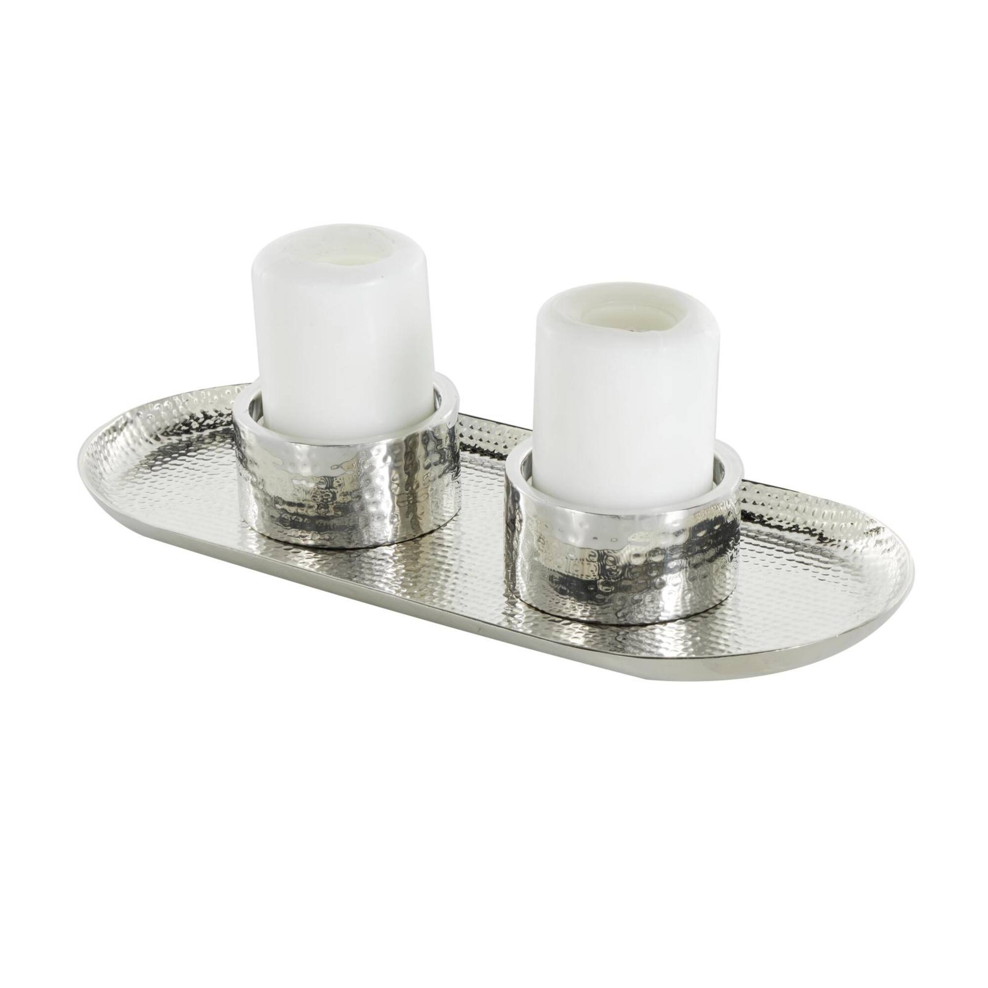 16" Silver Stainless Steel Metal Hammered Candle Holder with Oval Tray Plate